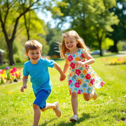 A joyful scene of two children, a boy and a girl, playing together in a sunny park