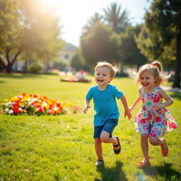 A joyful scene of two children, a boy and a girl, playing together in a sunny park