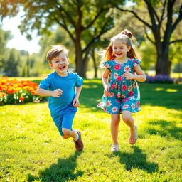 A joyful scene of two children, a boy and a girl, playing together in a sunny park