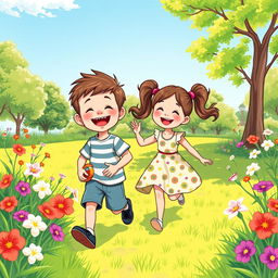 An illustration of two children, a boy and a girl, joyfully playing together in a bright, colorful park