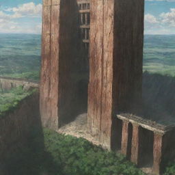 A sweeping landscape from the anime series 'Attack on Titan'. It features towering walls, intense battles with towering creatures, and courageous characters in mid-air using their vertical maneuvering equipment.