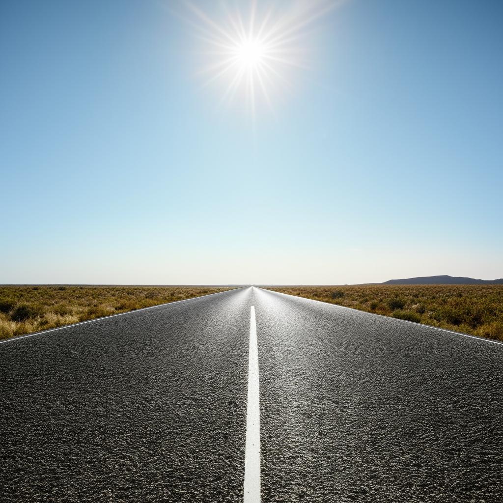 A single-lane freeway stretching far into the horizon, amidst serene landscapes and under a vast open sky.