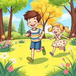 An illustration of two children, a boy and a girl, joyfully playing together in a bright, colorful park