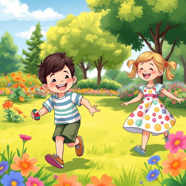 An illustration of two children, a boy and a girl, joyfully playing together in a bright, colorful park