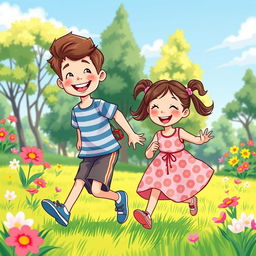 An illustration of two children, a boy and a girl, joyfully playing together in a bright, colorful park