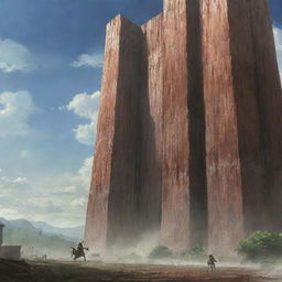 A sweeping landscape from the anime series 'Attack on Titan'. It features towering walls, intense battles with towering creatures, and courageous characters in mid-air using their vertical maneuvering equipment.