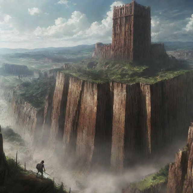 A sweeping landscape from the anime series 'Attack on Titan'. It features towering walls, intense battles with towering creatures, and courageous characters in mid-air using their vertical maneuvering equipment.