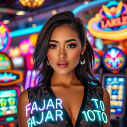 A stunning woman with captivating charm and a stylish appearance, wearing an outfit adorned with glowing neon text "FAJAR TOTO