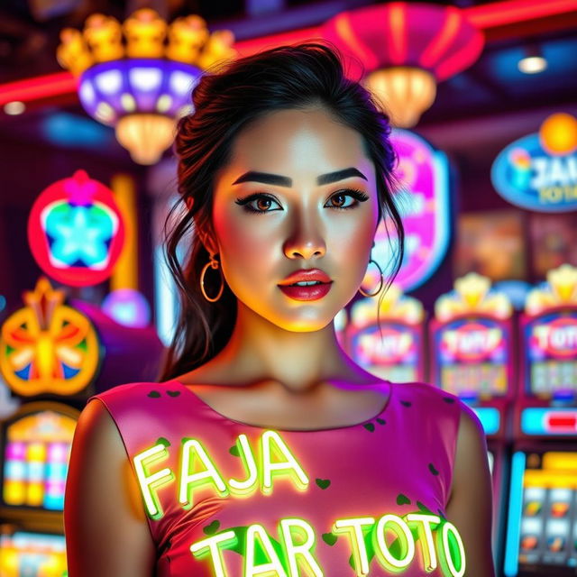 A stunning woman with captivating charm and a stylish appearance, wearing an outfit adorned with glowing neon text "FAJAR TOTO