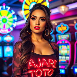 A stunning woman with captivating charm and a stylish appearance, wearing an outfit adorned with glowing neon text "FAJAR TOTO