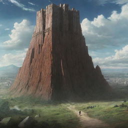 A sweeping landscape from the anime series 'Attack on Titan'. It features towering walls, intense battles with towering creatures, and courageous characters in mid-air using their vertical maneuvering equipment.