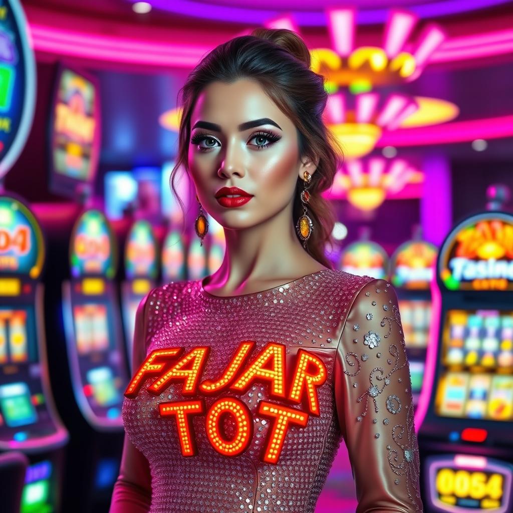 A stunningly beautiful woman exuding charm and grace, standing against a glamorous casino backdrop filled with vibrant slot machines and flashing lights