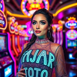 A stunningly beautiful woman exuding charm and grace, standing against a glamorous casino backdrop filled with vibrant slot machines and flashing lights