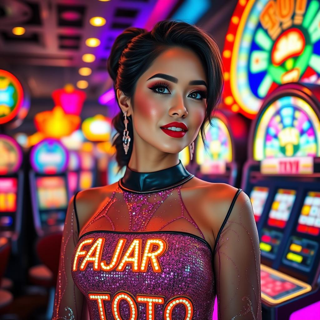 A stunningly beautiful woman exuding charm and grace, standing against a glamorous casino backdrop filled with vibrant slot machines and flashing lights