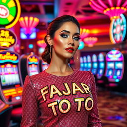 A stunningly beautiful woman exuding charm and grace, standing against a glamorous casino backdrop filled with vibrant slot machines and flashing lights