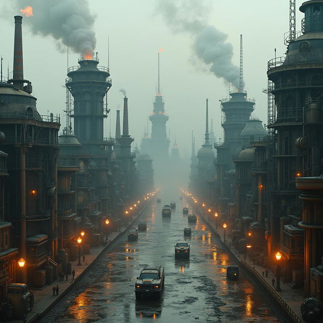 A stunning dieselpunk city named Sealand City, characterized by towering factories billowing steam and smoke into the air, creating a hazy atmosphere