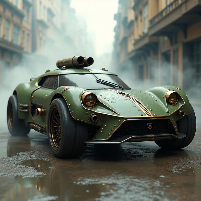 A futuristic Lamborghini car designed in a Dieselpunk style, featuring an industrial and retro aesthetic