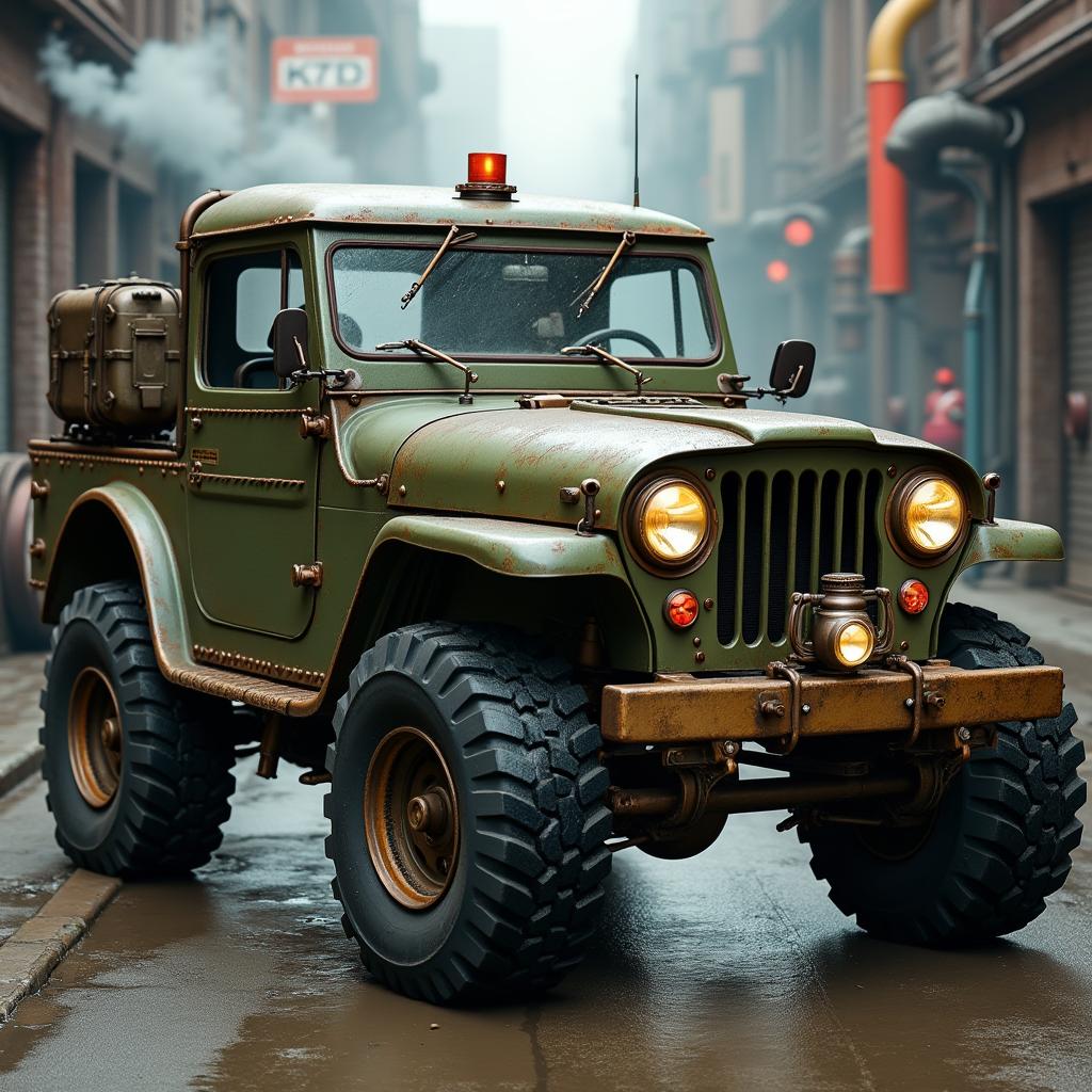 A rugged Jeep reimagined in a striking Dieselpunk style, combining classic off-road adventure with industrial aesthetics