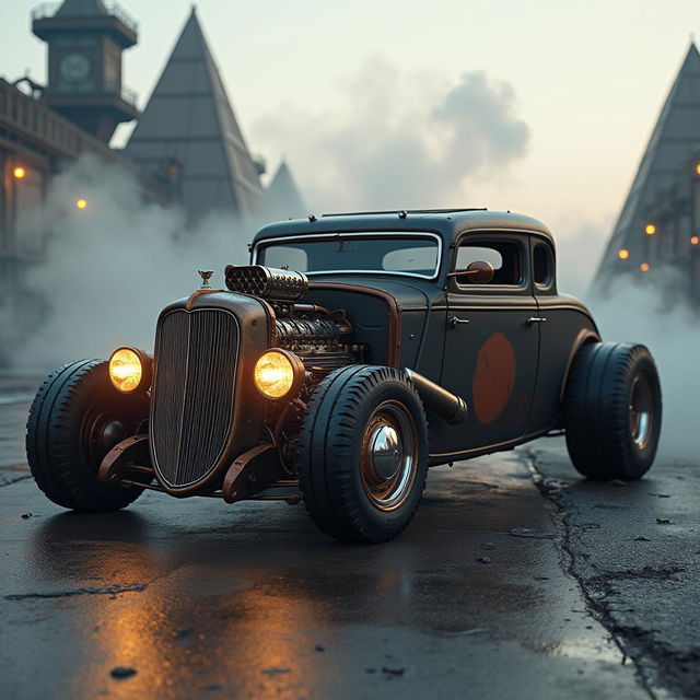 A Chevrolet car transformed into a captivating Dieselpunk vehicle, merging classic American muscle with gritty industrial aesthetics