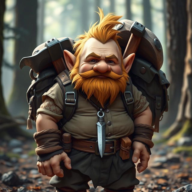 A medium-height dwarf character, robust and adventurous in appearance, wearing rugged outdoor clothing and a sturdy backpack