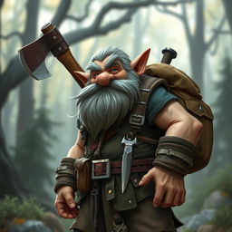 A medium-height dwarf character, robust and adventurous in appearance, wearing rugged outdoor clothing and a sturdy backpack