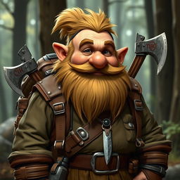 A medium-height dwarf character, robust and adventurous in appearance, wearing rugged outdoor clothing and a sturdy backpack