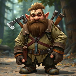 A medium-height dwarf character, robust and adventurous in appearance, wearing rugged outdoor clothing and a sturdy backpack