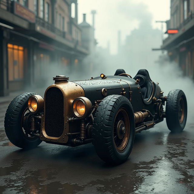 A mesmerizing sport car envisioned in a Dieselpunk style, showcasing an impressive combination of sleek lines and rugged industrial elements