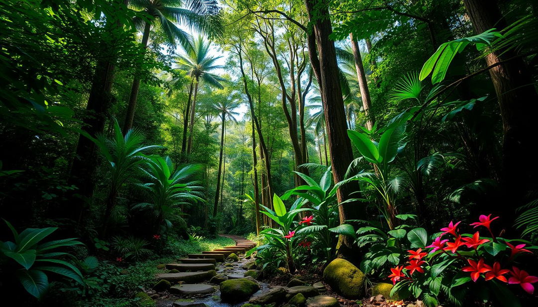 A serene and lush typical Honduran forest background, filled with dense greenery and tall trees reaching towards the sky