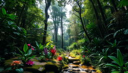 A serene and lush typical Honduran forest background, filled with dense greenery and tall trees reaching towards the sky