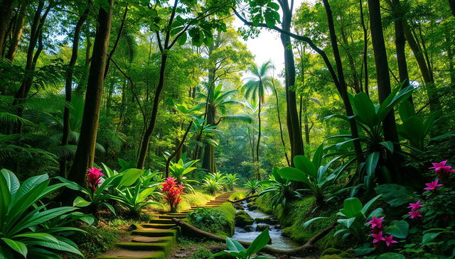 A serene and lush typical Honduran forest background, filled with dense greenery and tall trees reaching towards the sky