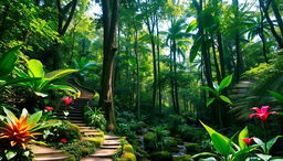 A serene and lush typical Honduran forest background, filled with dense greenery and tall trees reaching towards the sky