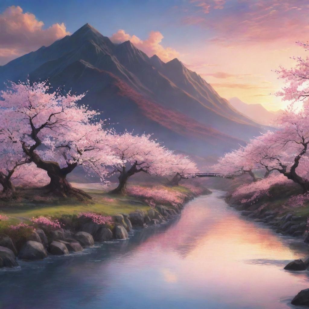 An anime-inspired landscape featuring cherry blossom trees, a serene river flowing, mountains in the distance, and a dramatic sunset sky.