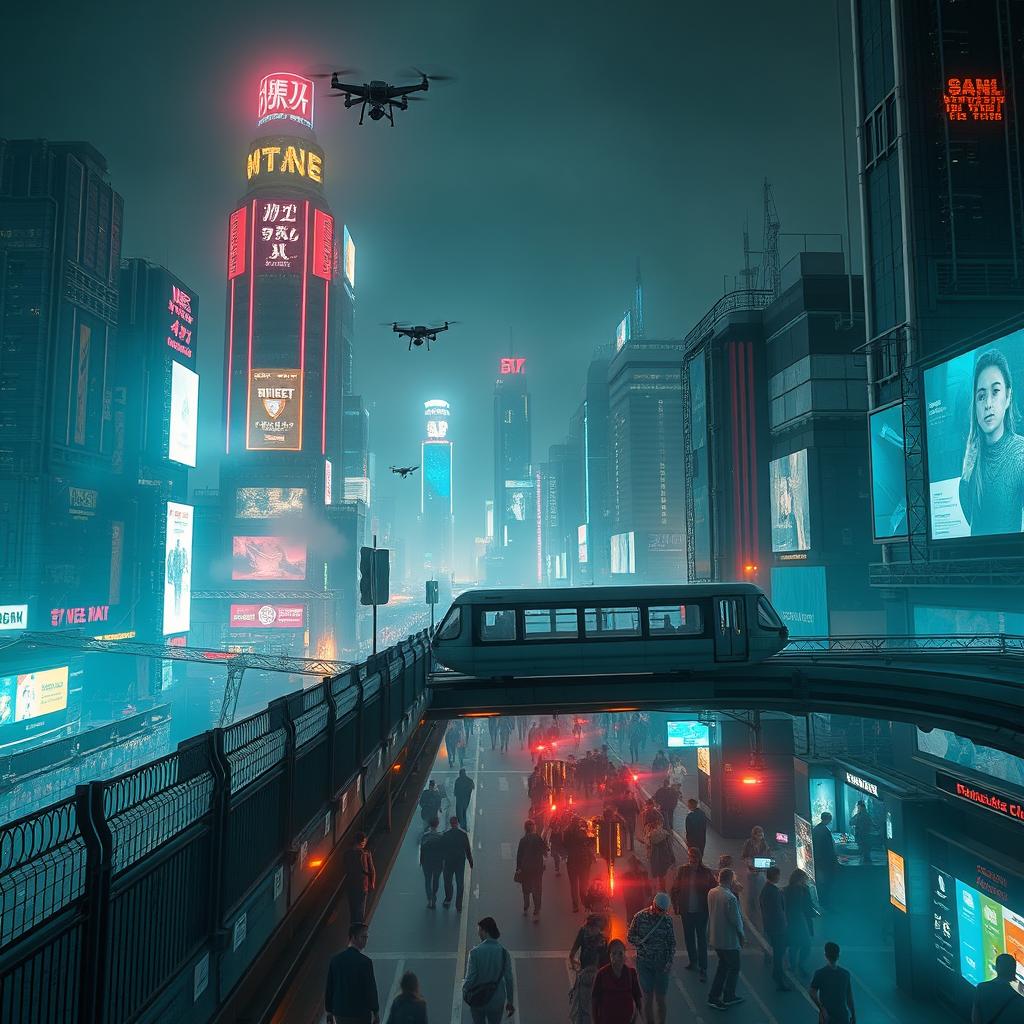 A captivating cyberpunk scene of a heavily guarded city at night, showcasing towering skyscrapers adorned with neon lights and digital advertisements