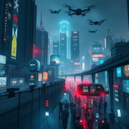 A captivating cyberpunk scene of a heavily guarded city at night, showcasing towering skyscrapers adorned with neon lights and digital advertisements