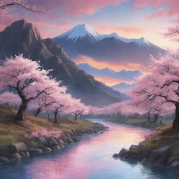 An anime-inspired landscape featuring cherry blossom trees, a serene river flowing, mountains in the distance, and a dramatic sunset sky.