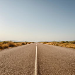 A single-lane freeway stretching far into the horizon, amidst serene landscapes and under a vast open sky.