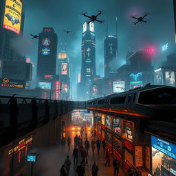 A captivating cyberpunk scene of a heavily guarded city at night, showcasing towering skyscrapers adorned with neon lights and digital advertisements