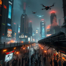 A captivating cyberpunk scene of a heavily guarded city at night, showcasing towering skyscrapers adorned with neon lights and digital advertisements