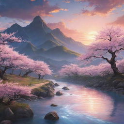 An anime-inspired landscape featuring cherry blossom trees, a serene river flowing, mountains in the distance, and a dramatic sunset sky.