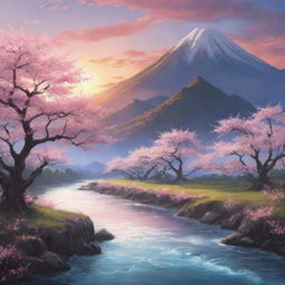 An anime-inspired landscape featuring cherry blossom trees, a serene river flowing, mountains in the distance, and a dramatic sunset sky.