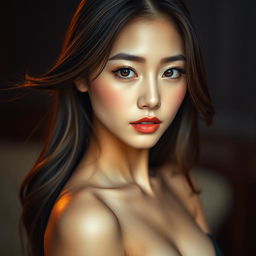 A stunningly attractive Korean woman with an intriguing and sensual gaze, capturing her captivating beauty in a portrait