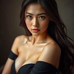 A stunningly attractive Korean woman with an intriguing and sensual gaze, capturing her captivating beauty in a portrait