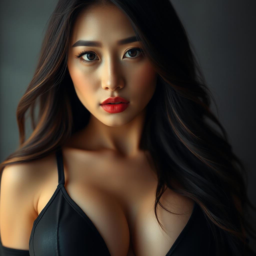 A captivating portrait of a sexy Korean woman with very big breasts, showcasing her alluring beauty and sensuality