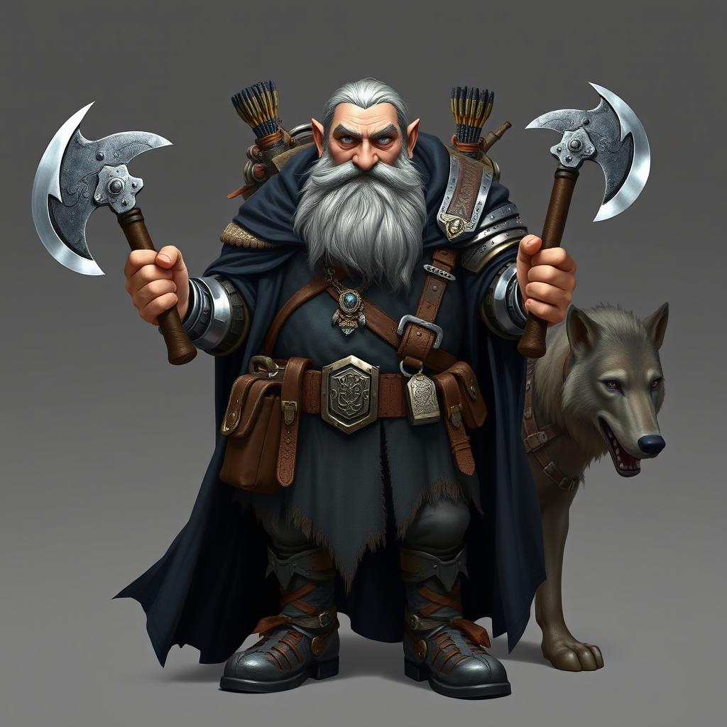 A sturdy dwarf with an impressive long grey beard and striking blue eyes, dressed in a flowing black cloak and metallic armor