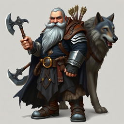 A sturdy dwarf with an impressive long grey beard and striking blue eyes, dressed in a flowing black cloak and metallic armor