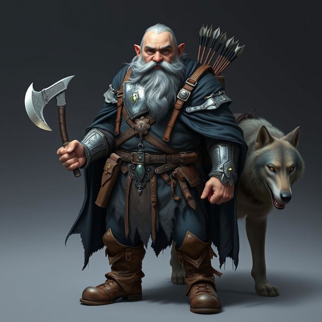 A sturdy dwarf with an impressive long grey beard and striking blue eyes, dressed in a flowing black cloak and metallic armor