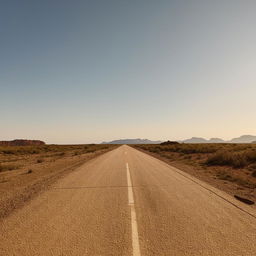 A single-lane freeway stretching far into the horizon, amidst serene landscapes and under a vast open sky.