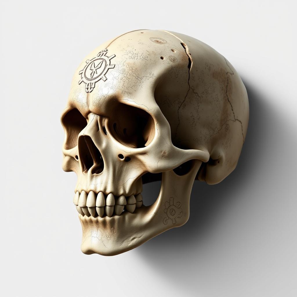 A detailed PNG portrait of a skull, artistically rendered with intricate carvings and textures that showcase its age and uniqueness