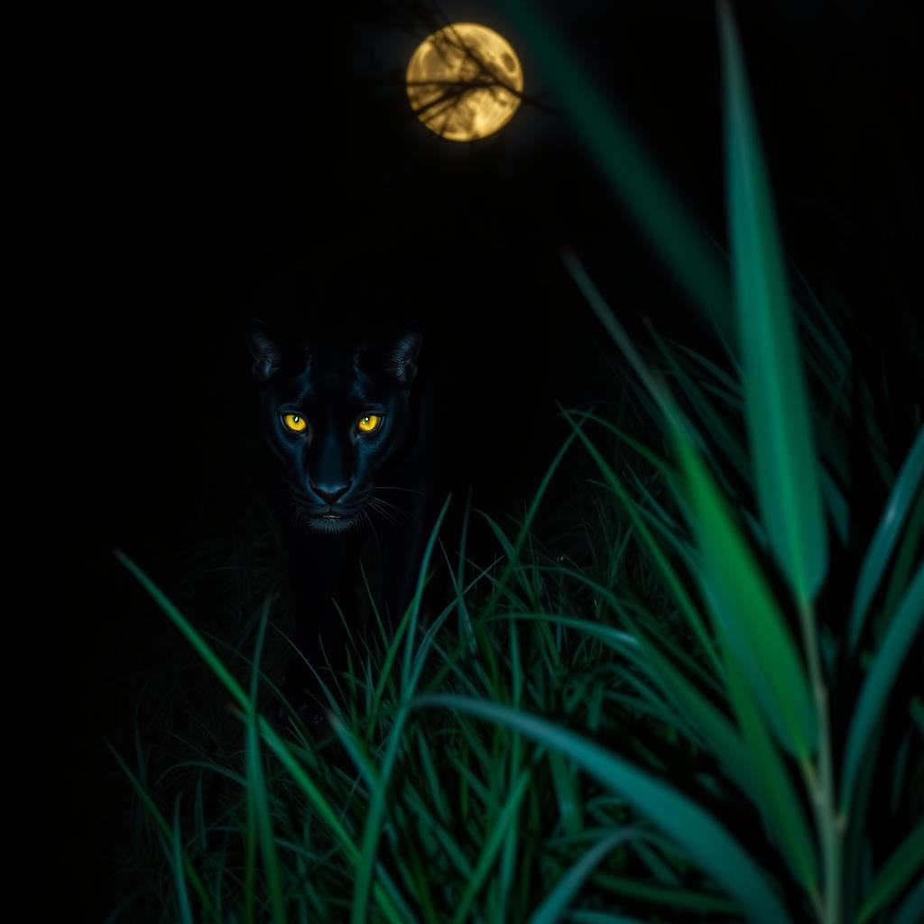 A shadowy panther stealthily moving through dark, lush grass at twilight, its sleek silhouette barely discernible against the deep greens and blacks of the underbrush